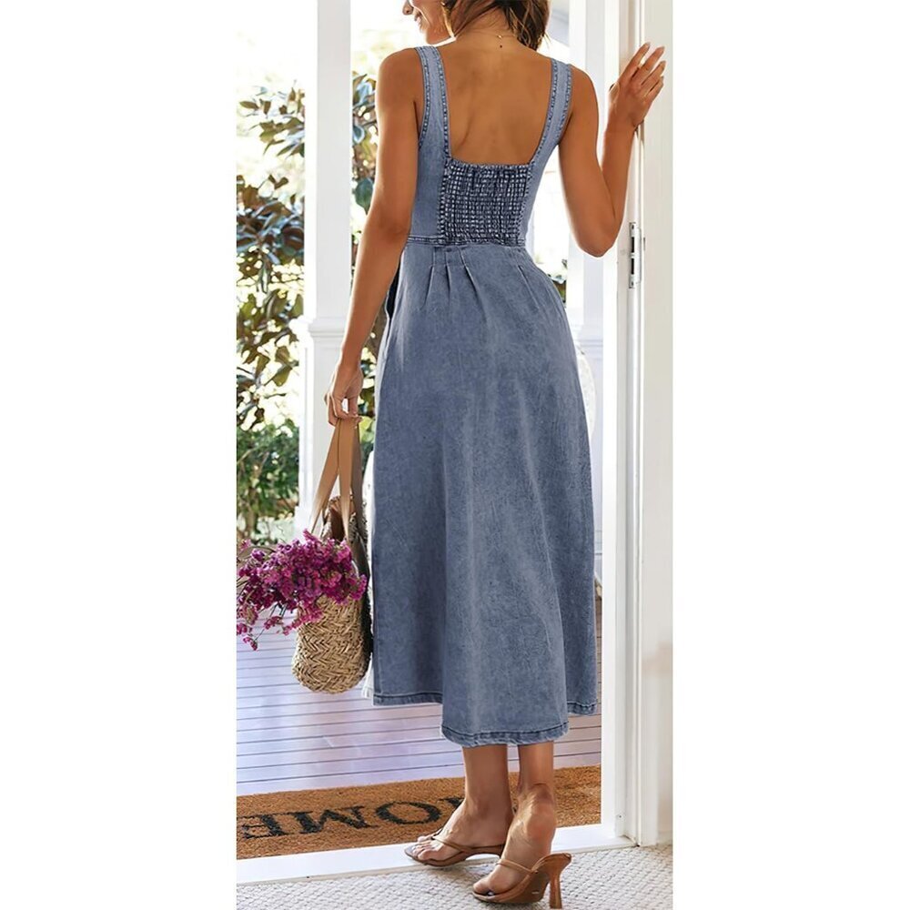 Stretchy Smocked Denim Dress Women Sleeveless Button Down Midi Casual - Picture 2 of 7
